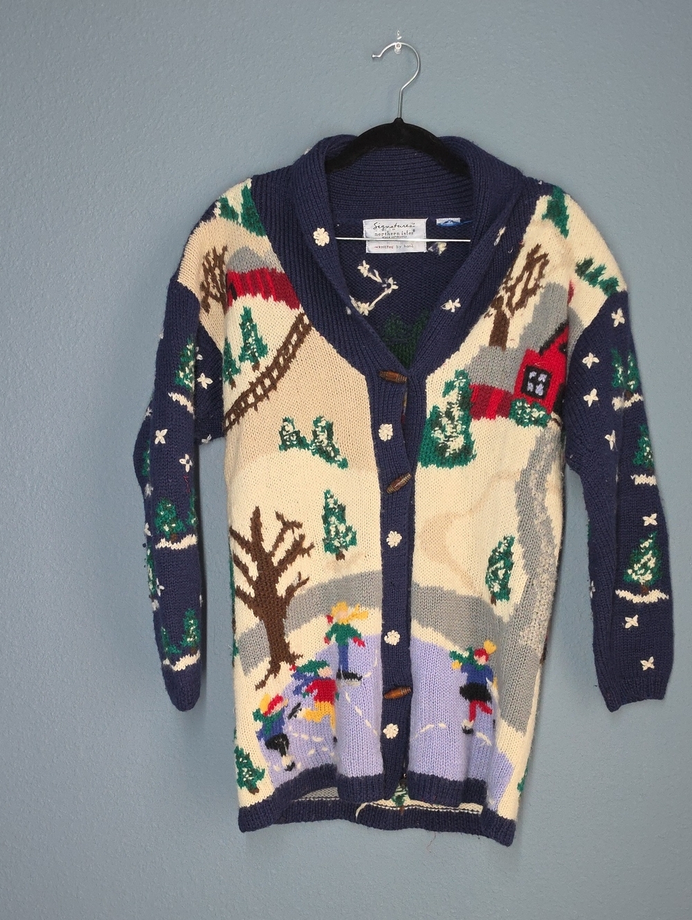 Handmade Ski Scene Cardigan Sweater - Navy & Cream C39